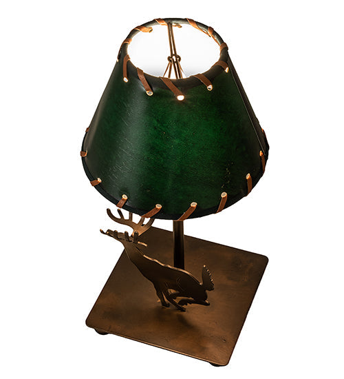 Meyda Lighting Lone Deer 13" Antique Copper Accent Table Lamp With Hunter Green Faux Leather Shade