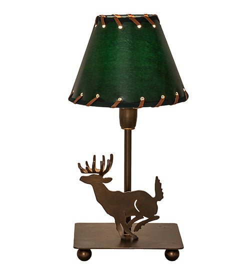 Meyda Lighting Lone Deer 13" Antique Copper Accent Table Lamp With Hunter Green Faux Leather Shade