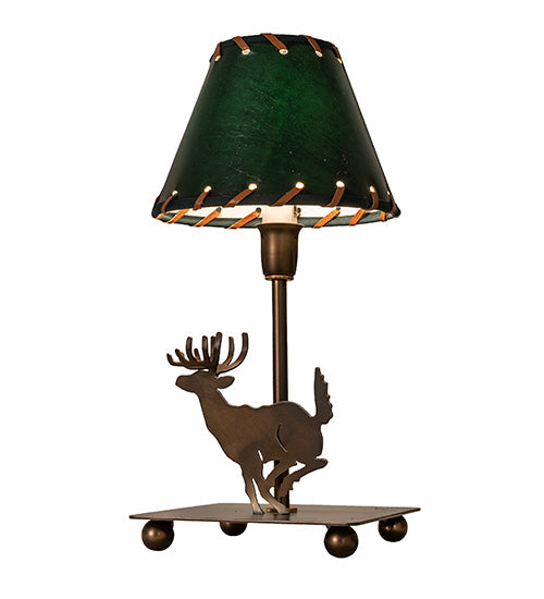 Meyda Lighting Lone Deer 13" Antique Copper Accent Table Lamp With Hunter Green Faux Leather Shade