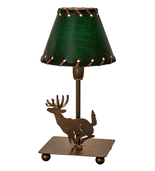 Meyda Lighting Lone Deer 13" Antique Copper Accent Table Lamp With Hunter Green Faux Leather Shade