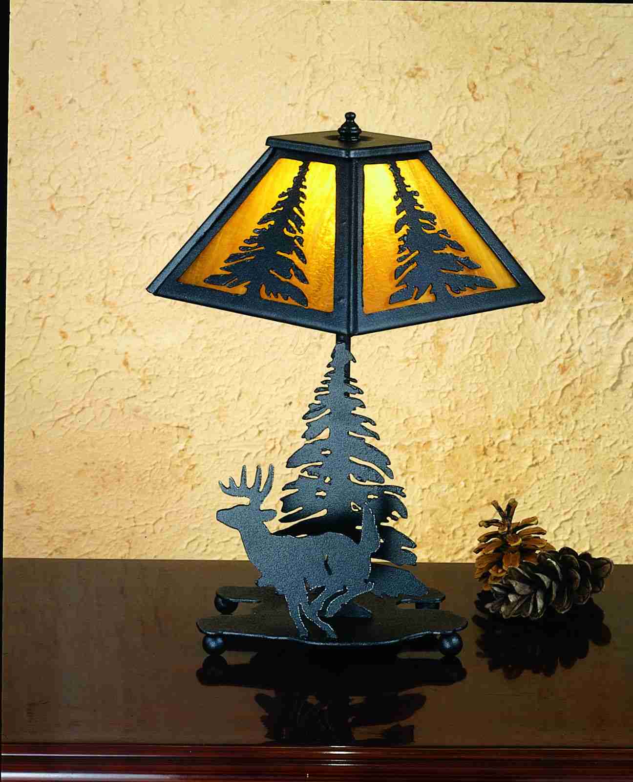 Meyda Lighting Lone Deer 14" Textured Black Accent Table Lamp With Honey Art Shade Glass
