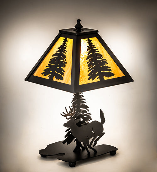 Meyda Lighting Lone Deer 15" Textured Black Accent Table Lamp With Honey Art Shade Glass