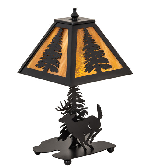 Meyda Lighting Lone Deer 15" Textured Black Accent Table Lamp With Honey Art Shade Glass