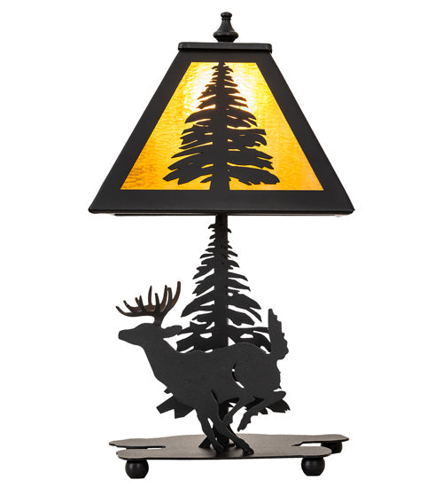 Meyda Lighting Lone Deer 15" Textured Black Accent Table Lamp With Honey Art Shade Glass