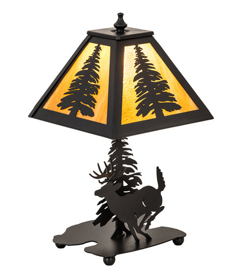 Meyda Lighting Lone Deer 15" Textured Black Accent Table Lamp With Honey Art Shade Glass