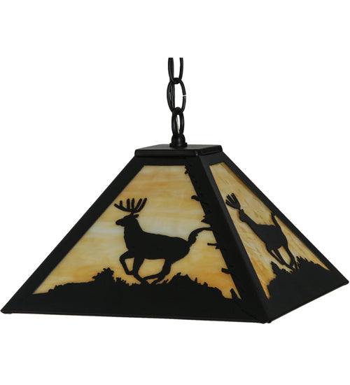 Meyda Lighting Lone Deer 17" Textured Black Pendant Light With Beige Art Shade Glass