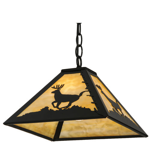 Meyda Lighting Lone Deer 17" Textured Black Pendant Light With Beige Art Shade Glass