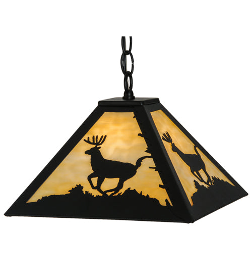 Meyda Lighting Lone Deer 17" Textured Black Pendant Light With Beige Art Shade Glass