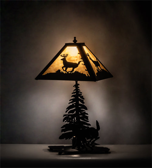 Meyda Lighting Lone Deer 21" 2-Light Textured Black Table Lamp With Beige Art Shade Glass