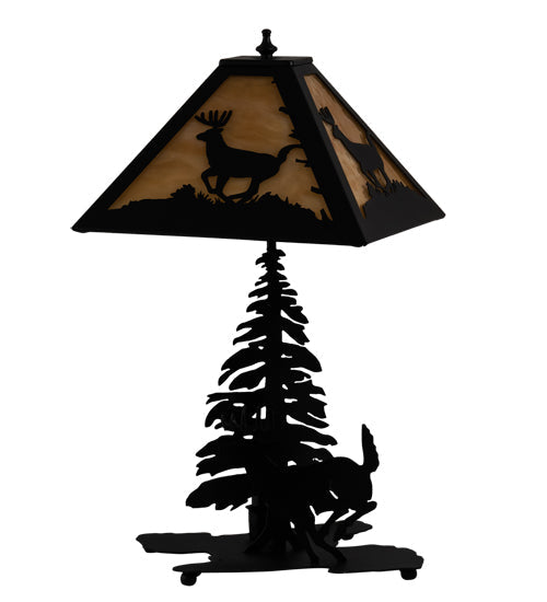 Meyda Lighting Lone Deer 21" 2-Light Textured Black Table Lamp With Beige Art Shade Glass