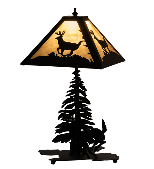 Meyda Lighting Lone Deer 21" 2-Light Textured Black Table Lamp With Beige Art Shade Glass