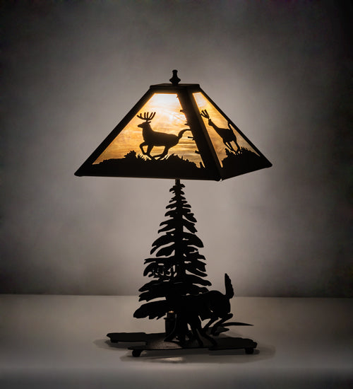Meyda Lighting Lone Deer 21" 2-Light Textured Black Table Lamp With Beige Iridescent Shade Glass