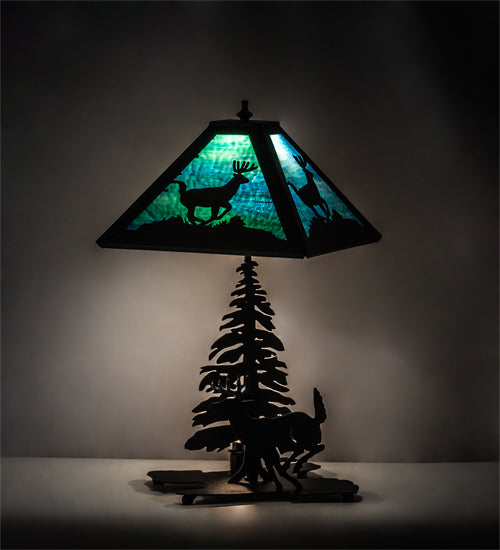 Meyda Lighting Lone Deer 21" 2-Light Textured Black Table Lamp With Green & Blue Art Shade Glass