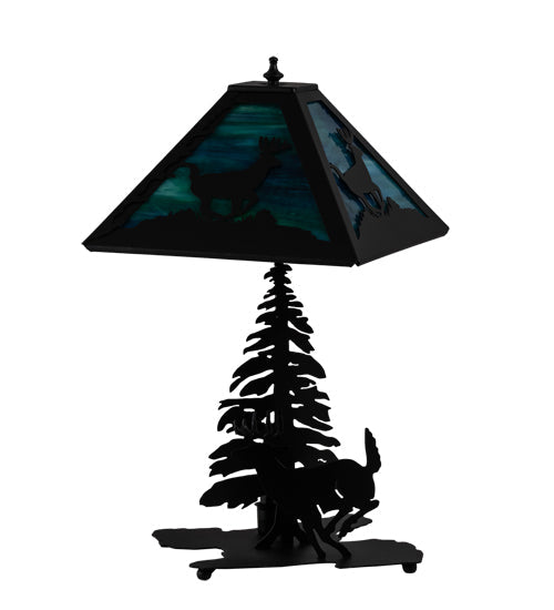 Meyda Lighting Lone Deer 21" 2-Light Textured Black Table Lamp With Green & Blue Art Shade Glass