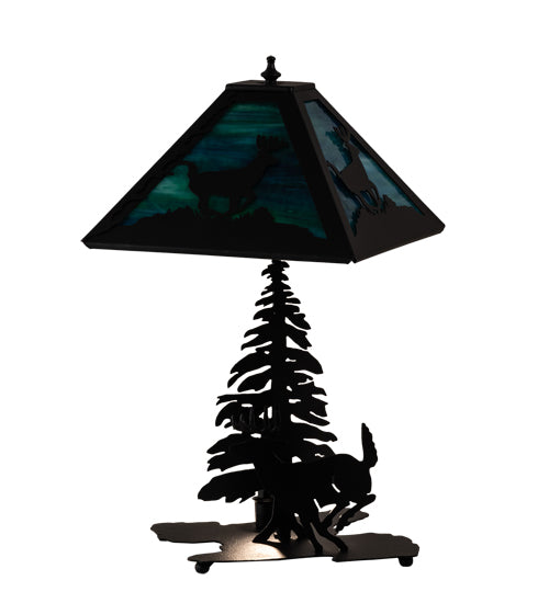 Meyda Lighting Lone Deer 21" 2-Light Textured Black Table Lamp With Green & Blue Art Shade Glass