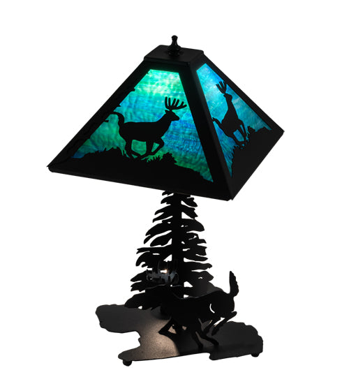 Meyda Lighting Lone Deer 21" 2-Light Textured Black Table Lamp With Green & Blue Art Shade Glass