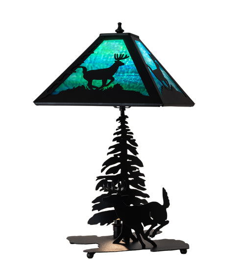 Meyda Lighting Lone Deer 21" 2-Light Textured Black Table Lamp With Green & Blue Art Shade Glass