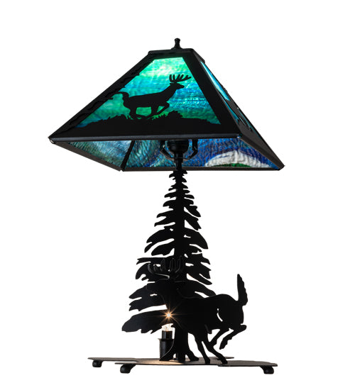 Meyda Lighting Lone Deer 21" 2-Light Textured Black Table Lamp With Green & Blue Art Shade Glass