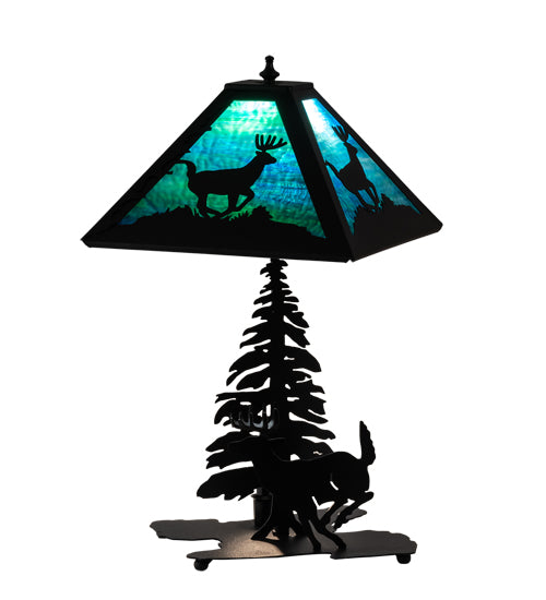 Meyda Lighting Lone Deer 21" 2-Light Textured Black Table Lamp With Green & Blue Art Shade Glass