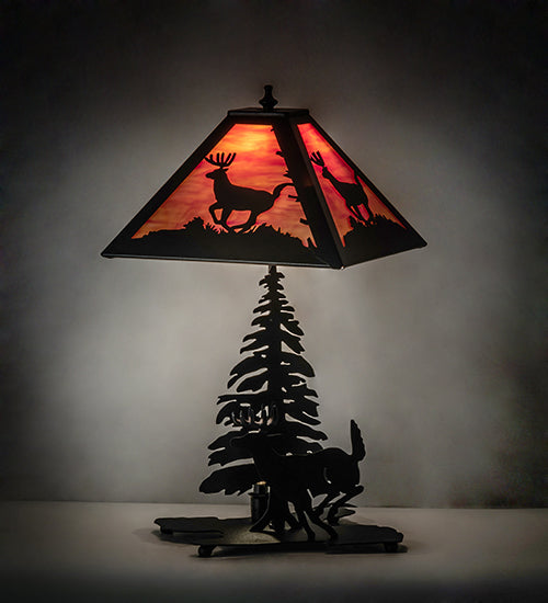 Meyda Lighting Lone Deer 21" 2-Light Textured Black Table Lamp With Orange Shade Glass