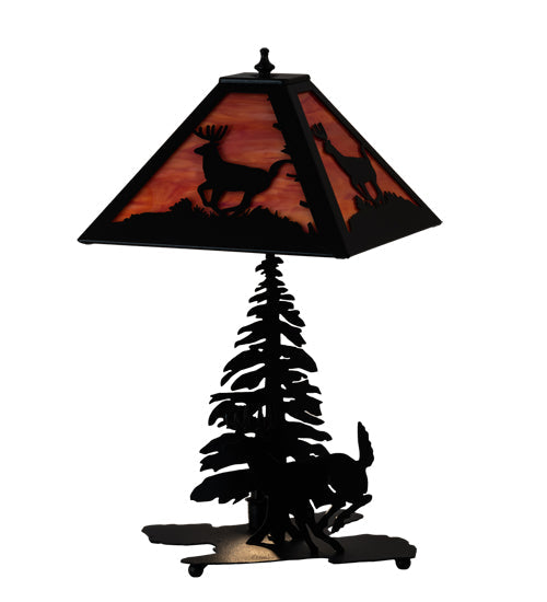 Meyda Lighting Lone Deer 21" 2-Light Textured Black Table Lamp With Orange Shade Glass