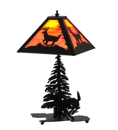 Meyda Lighting Lone Deer 21" 2-Light Textured Black Table Lamp With Orange Shade Glass