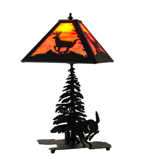 Meyda Lighting Lone Deer 21" 2-Light Textured Black Table Lamp With Orange Shade Glass