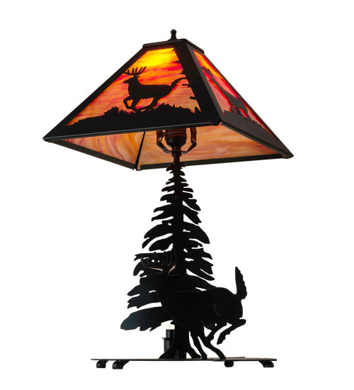 Meyda Lighting Lone Deer 21" 2-Light Textured Black Table Lamp With Orange Shade Glass