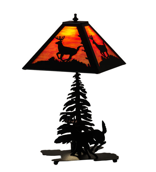 Meyda Lighting Lone Deer 21" 2-Light Textured Black Table Lamp With Orange Shade Glass