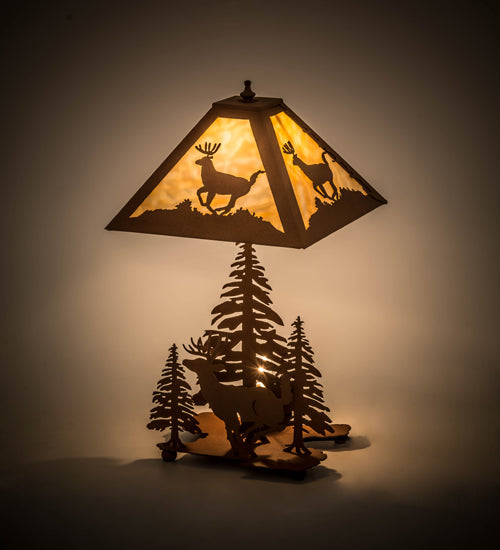 Meyda Lighting Lone Deer 22" 2-Light Earth Table Lamp With Beige Art Shade Glass