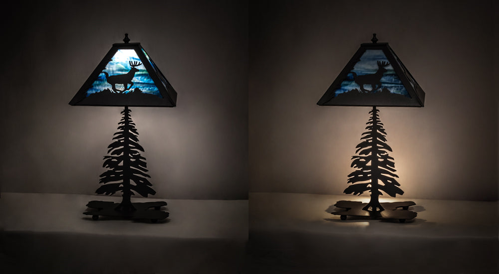 Meyda Lighting Lone Deer 22" Textured Black Table Lamp With Blue Green Art Shade Glass