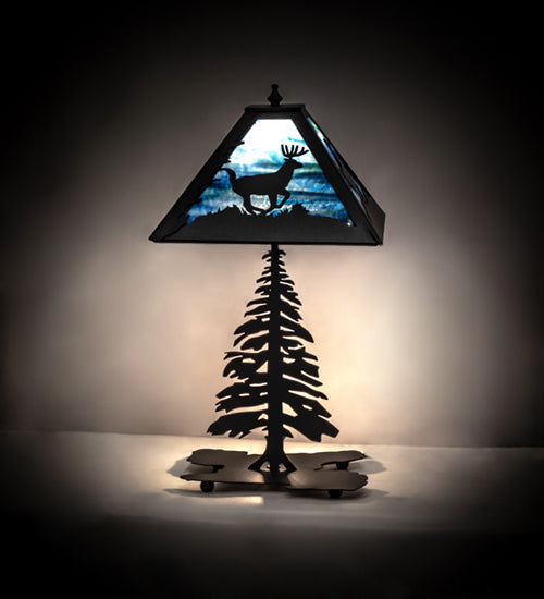 Meyda Lighting Lone Deer 22" Textured Black Table Lamp With Blue Green Art Shade Glass