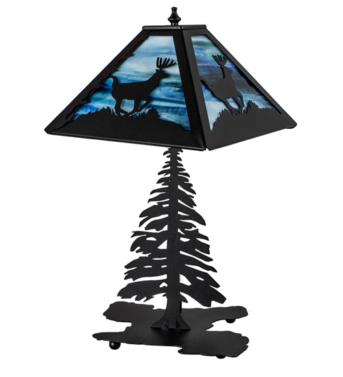 Meyda Lighting Lone Deer 22" Textured Black Table Lamp With Blue Green Art Shade Glass