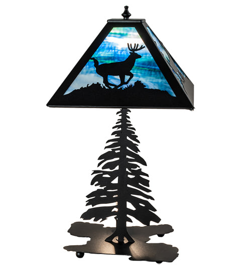 Meyda Lighting Lone Deer 22" Textured Black Table Lamp With Blue Green Art Shade Glass
