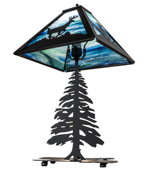 Meyda Lighting Lone Deer 22" Textured Black Table Lamp With Blue Green Art Shade Glass