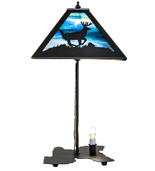 Meyda Lighting Lone Deer 22" Textured Black Table Lamp With Blue Green Art Shade Glass