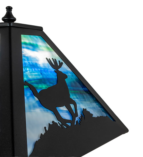 Meyda Lighting Lone Deer 22" Textured Black Table Lamp With Blue Green Art Shade Glass