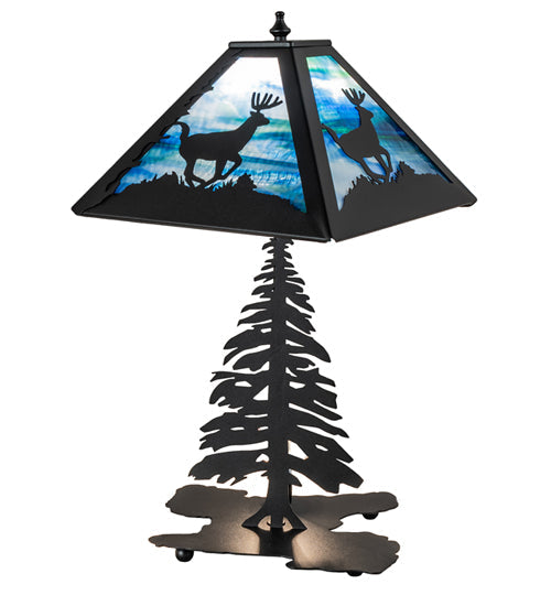 Meyda Lighting Lone Deer 22" Textured Black Table Lamp With Blue Green Art Shade Glass