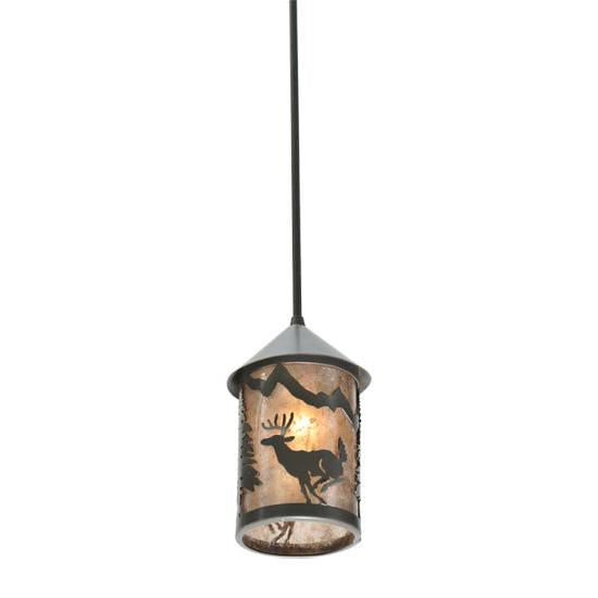 Meyda Lighting Lone Deer 6" Timeless Bronze Lantern Mini Pendant Light With Silver Mica Shade Glass