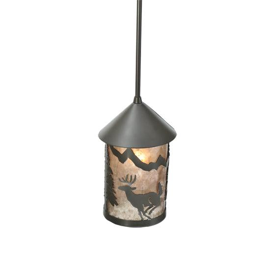 Meyda Lighting Lone Deer 6" Timeless Bronze Lantern Mini Pendant Light With Silver Mica Shade Glass