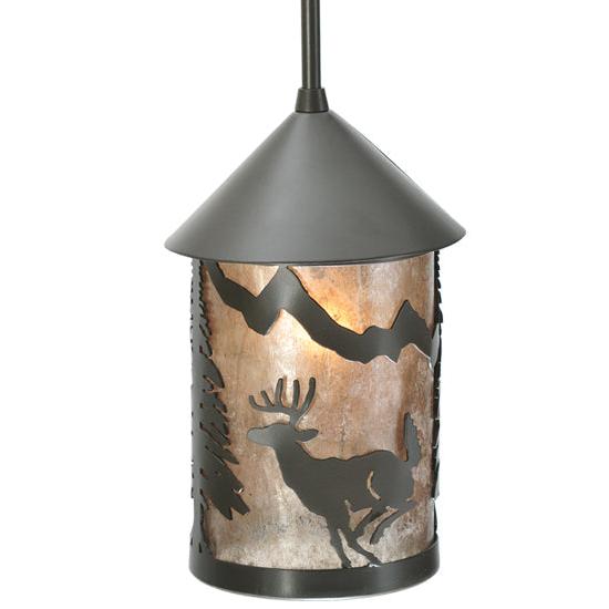 Meyda Lighting Lone Deer 6" Timeless Bronze Lantern Mini Pendant Light With Silver Mica Shade Glass