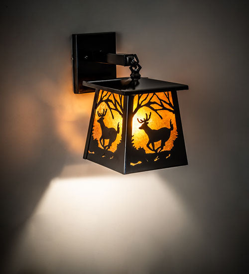 Meyda Lighting Lone Deer 8" Mirror Black Hanging Wall Sconce With Amber Mica Shade Glass