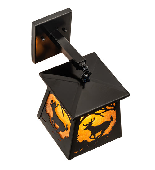 Meyda Lighting Lone Deer 8" Mirror Black Hanging Wall Sconce With Amber Mica Shade Glass