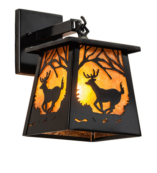 Meyda Lighting Lone Deer 8" Mirror Black Hanging Wall Sconce With Amber Mica Shade Glass