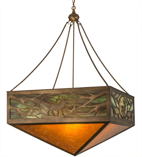 Meyda Lighting Lone Elk 51" 6-Light Antique Copper Inverted Pendant Light With Amber Mica & Greenish Brown Art Shade Glass