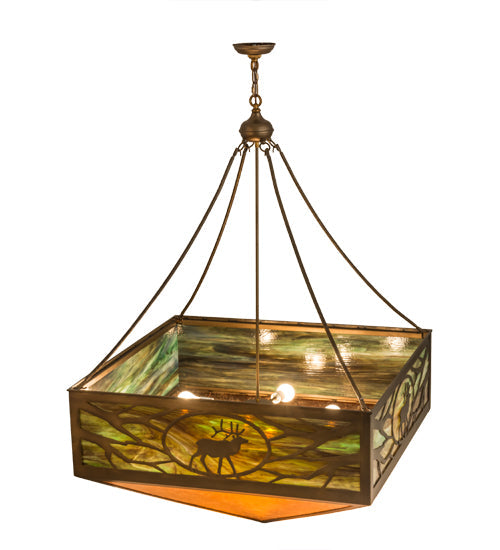 Meyda Lighting Lone Elk 51" 6-Light Antique Copper Inverted Pendant Light With Amber Mica & Greenish Brown Art Shade Glass