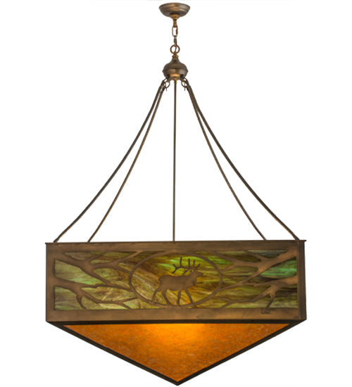 Meyda Lighting Lone Elk 51" 6-Light Antique Copper Inverted Pendant Light With Amber Mica & Greenish Brown Art Shade Glass