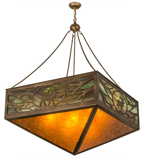 Meyda Lighting Lone Elk 51" 6-Light Antique Copper Inverted Pendant Light With Amber Mica & Greenish Brown Art Shade Glass