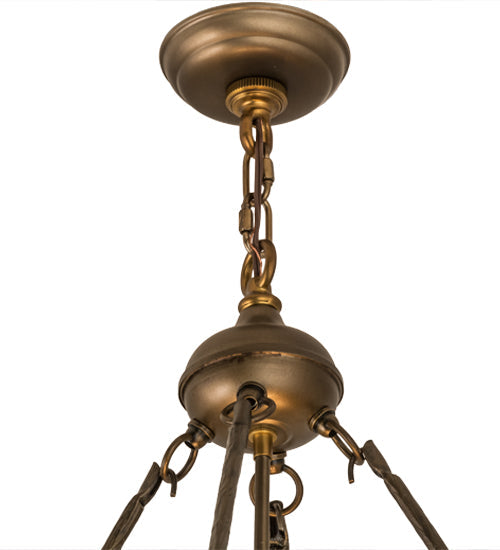 Meyda Lighting Lone Elk 51" 6-Light Antique Copper Inverted Pendant Light With Amber Mica & Greenish Brown Art Shade Glass