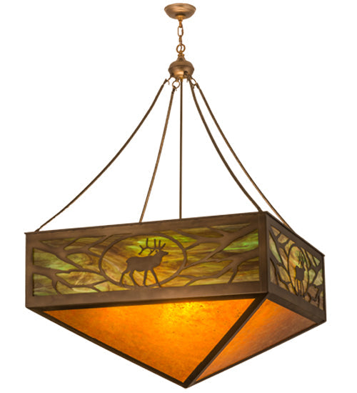 Meyda Lighting Lone Elk 51" 6-Light Antique Copper Inverted Pendant Light With Amber Mica & Greenish Brown Art Shade Glass